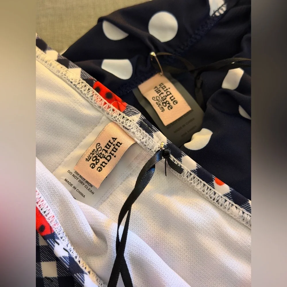 Unique Vintage Retro Bikini Set Navy Dot Gingham Ladybug New